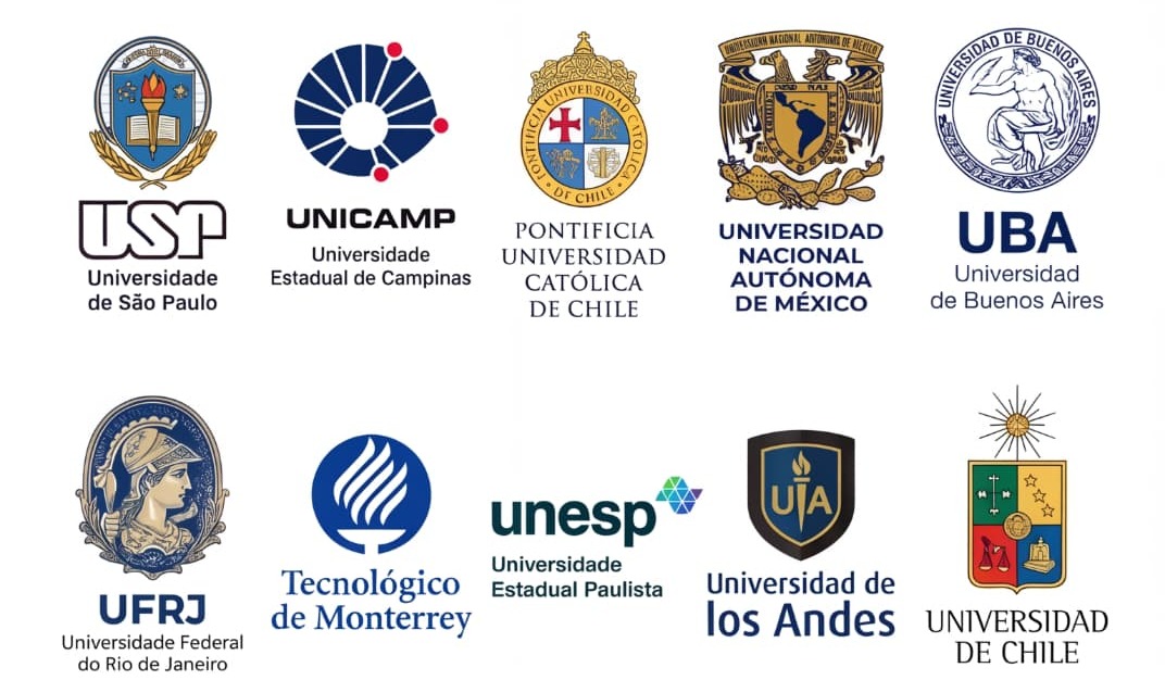 Logos de universidades: USP, Unicamp, PUC Chile, UNAM, UBA, UFRJ, Tecnológico de Monterrey, Unesp, Universidad de los Andes e Universidad de Chile
